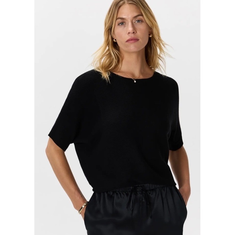 Quince Lightweight Cotton Cashmere Link Stitch Dolman Sweater Trip Black S NWT